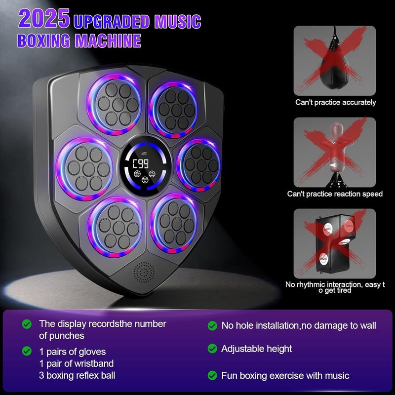 laapee Music Boxing Machine Smart with Rhythm LED – Wall Mounted for Adults & Kids – Incl. Adult Gloves, Headband & 3 Reflex Balls – 9 Modes, Bluetooth Music Sync, Home/Office/Gym Sturdy Fitness Set - Image 4